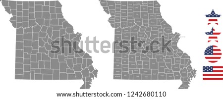 Missouri county map vector outline in gray background. Missouri state of USA map with counties names labeled and United States flag icon vector illustration designs