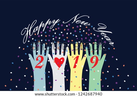 Happy New Year 2019 postcard background vector illustration image art with abstract concepts of friendship, love, diversity, unity, victory and celebration