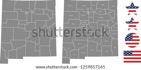 New Mexico county map vector outline in gray background. New Mexico state of USA map with counties names labeled and United States flag icon vector illustration designs