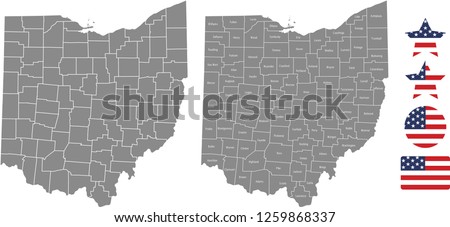 Ohio county map vector outline in gray background. Ohio state of USA map with counties names labeled and United States flag icon vector illustration designs