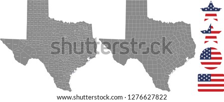 Texas county map vector outline in gray background. Texas state of USA map with counties names labeled and United States flag icon vector illustration designs