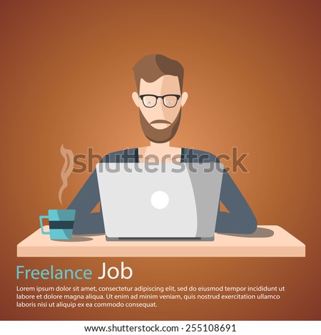 freelance job vector illustration. man working on internet using laptop and drinking coffee. work at home. travel and work