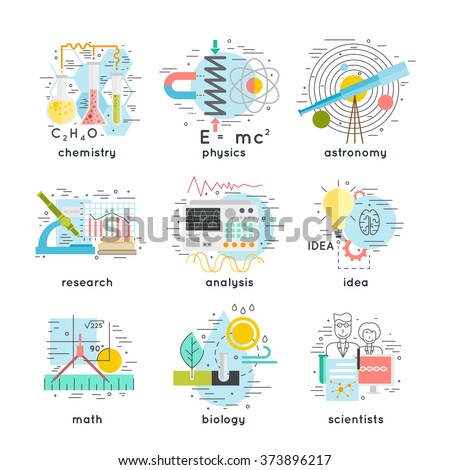 science, chemistry, physics, astronomy, research, analysis, idea, math, biology, scientists concepts. thin line and flat vector illustration.