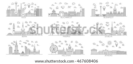 line vector city icons. Warsaw. Bern. Madrid. Helsinki. Athens. Dublin. Kiev. Bucharest. Budapest. With famous landmarks monuments and buildings. Line art illustrations. Modern design