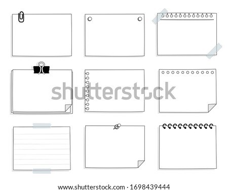 set of cute hand drawn, blank paper sticky note pad with tape, speech bubble balloon think, speak, talk, template, flat design, vector, illustration text box banner frame