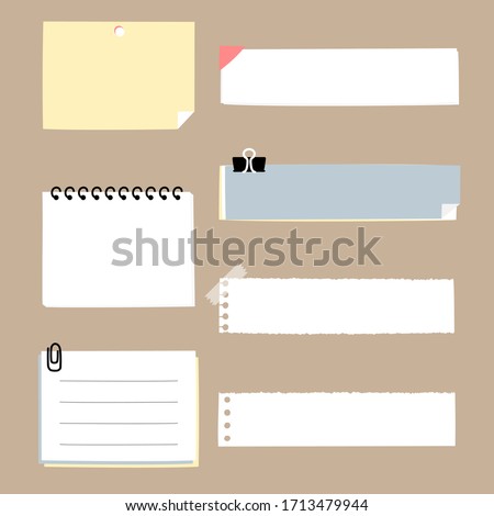 set of cute hand drawn, blank ripped paper sheet sticky note pad with tape, speech bubble balloon think, speak, talk, template, text box banner frame, flat design, vector, illustration