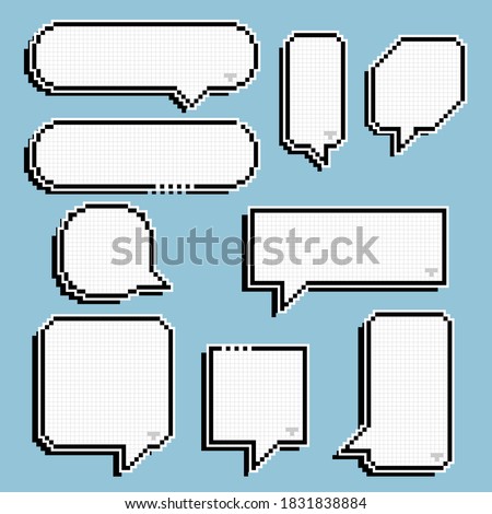 collection set of retro game 8 bit line pixel speech bubble balloon black and white color with shadow, flat design vector illustration