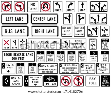 Collection of lane usage and turns sign for drive safety on highway road. High quality Standard Traffic sign collection vector illustrator on white background. Road signs in the United States.
