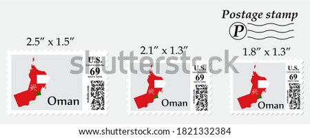 Oman flag map on postage stamp different size.