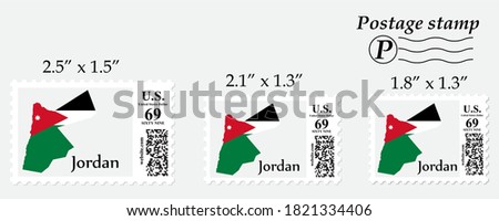 Jordan flag map on postage stamp different size.