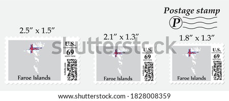 Faroe Islands flag map on postage stamp different size.