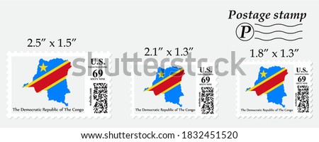 The Democratic Republic of The Congo flag map on postage stamp different size.