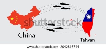 Submarine from China to Taiwan and from Taiwan to China. Concept a war between both country. And flags symbol on maps. EPS.file.