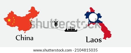 Business concept of both country. Ship transport from China go to Laos. And flags symbol on maps. EPS.file.Cargo ship.