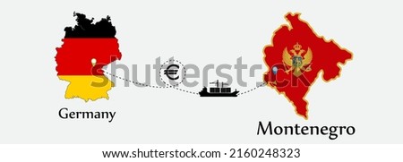 Business concept of both country. Ship transport from Germany go to Montenegro. And flags symbol on maps. EPS.file.Cargo ship.