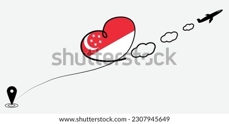 Concept love travel in Singapore. Airplane line path of airplane flight route with start point icon. Singapore flag in heart.