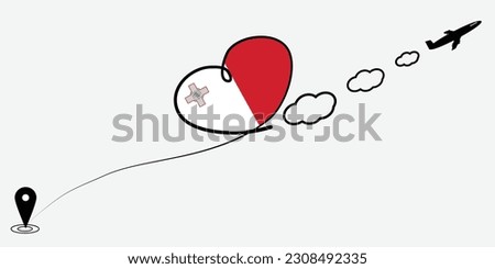 Concept love travel in Malta. Airplane line path of airplane flight route with start point icon. Malta flag in heart.