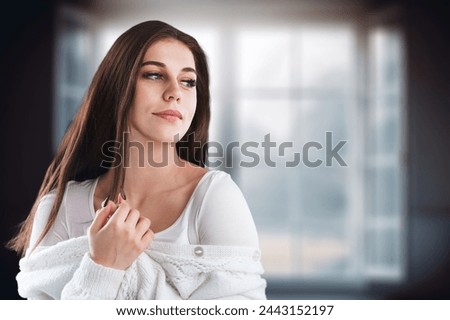 Similar – Image, Stock Photo Thoughtful woman next to old wooden construction