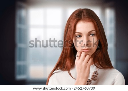 Similar – Image, Stock Photo Thoughtful woman next to old wooden construction