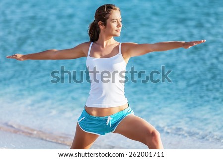 Yoga, warrior, beach.