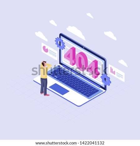 User shocked at 404 problem isometric illustration. Man watching page not found message on laptop display cartoon character. Client cloud service not available. Internet webpage disconnected 