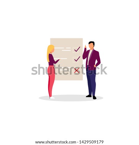 Project manager with checklist flat illustration. Businessman, entrepreneur and female personal assistant isolated cartoon character. Employee and employer. Top manager, team leader, ceo with tasklist