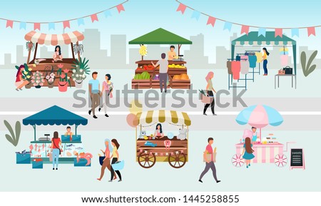Street fair flat vector illustration. Outdoor market stalls, summer trade tents with sellers and buyers. Flowers, farmers food and products, clothes city kiosks. Local urban shops cartoon concept Photo stock © 