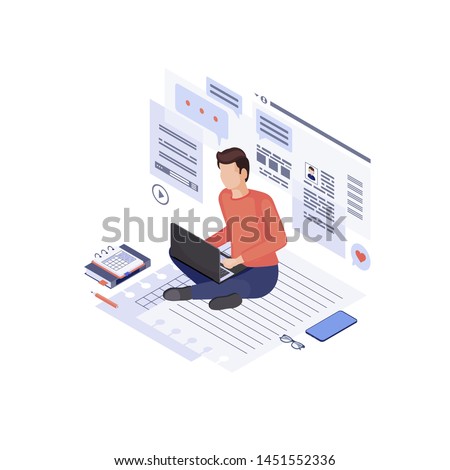 Copywriting & content marketing isometric illustration. Home based copywriter, content writer, freelancer. SMM manager, digital marketer create advertising post. Blogging, article writing 3d concept