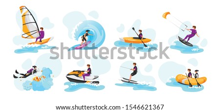 Extreme water sport flat vector illustrations set. Surfing, canoeing, kayaking. Scuba diving. Water-skiing sportsman. Kitesurfing athlete. Couple on boat. Sports people isolated cartoon characters