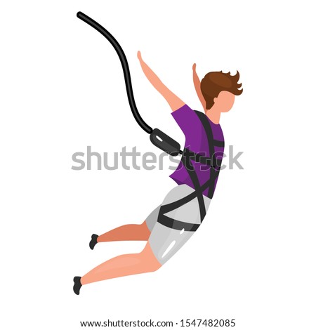 Bungee jumping flat vector illustration. Freefalling, skydiving experience. Extreme sports. Active lifestyle. Outdoor activities. Sportsman isolated cartoon character on white background