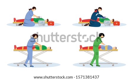 First aid flat vector illustrations set. Emergency doctors and injured patients. Urgency care, resuscitation. Paramedics, emt with defibrillator cartoon characters isolated on white background