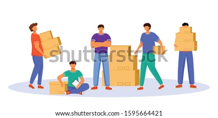 Post office male workers and loaders flat color vector illustration. Men distribute packages. Post service delivery. Boxes and parcels transportation isolated cartoon character on white background