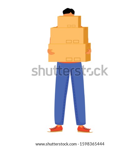 Man receives three parcels flat color vector illustration. Getting boxes at post office. Picking up order. Delivery services. Boy standing with packages isolated cartoon character on white background
