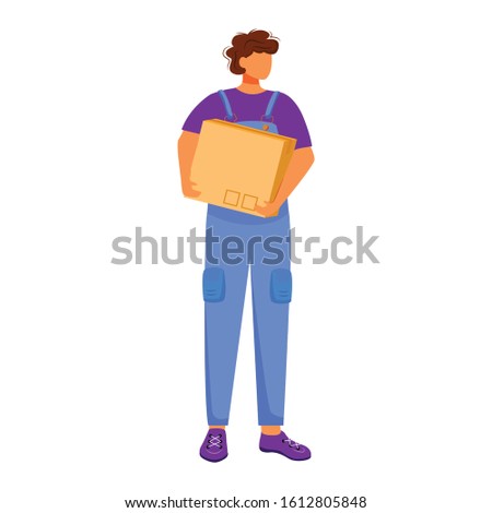 Post office male worker flat color vector illustration. Man distributes packages. Post service delivery boy. Boxes and parcels transportation isolated cartoon character on white background