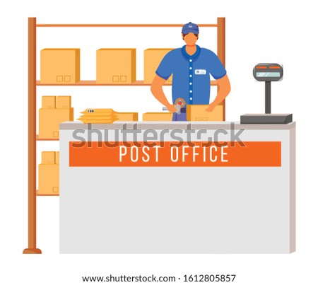 Post office male worker flat color vector illustration. Man checks and scans packages. Post service delivery. Parcels collection point isolated cartoon character on white background