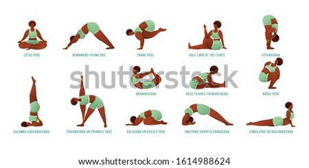 Yoga poses flat vector illustrations set. African American, dark-skinned women performing yoga postures. Female figures doing asanas, physical exercises. Workout, fitness. Isolated cartoon character