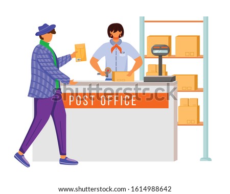 Post office female worker and customer flat color vector illustration. Sending parcel procedures. Post service delivery. Parcels collection point isolated cartoon character on white background