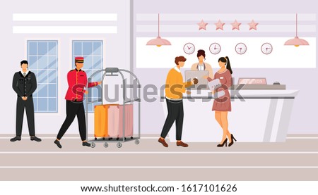 Hotel reception flat vector illustration. Guest talking with resort manager in lobby. Registration, waiting area. Bellman carrying baggage cart with suitcases. Staff cartoon characters