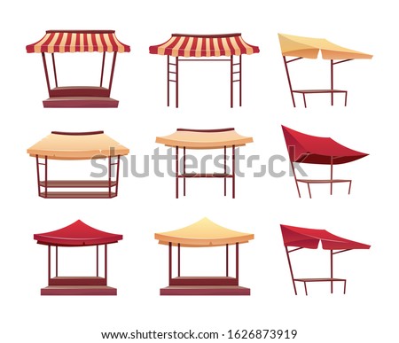 Empty bazaar awnings cartoon vector illustrations set. Blank street market stalls with canopy flat color object. Fair trade tents, marketplace retail kiosks isolated on white background collection