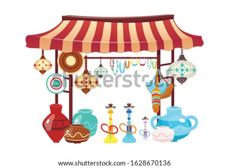 Eastern market tent with handcrafted souvenirs cartoon vector illustration. Oriental bazaar awning with hookahs, handmade accessories flat object. African, turkish marketplace stall isolated on white