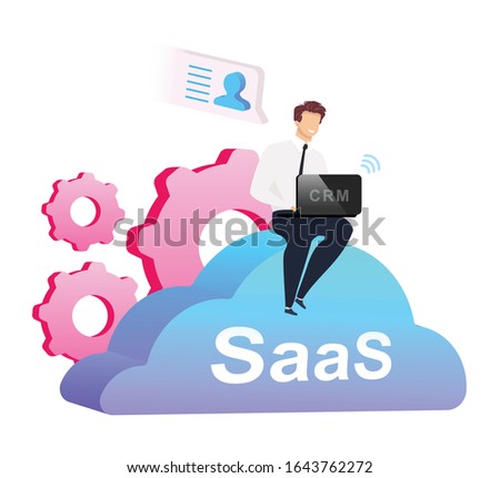 Cloud based CRM flat concept vector illustration. Man with laptop sitting on cumulus 2D cartoon characters for web design. Businessman in shirt, pants and necktie. SaaS creative idea