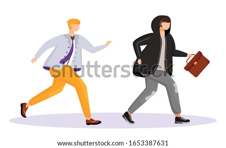 Street theft flat color vector faceless character. Thief stealing mans briefcase. Man running after robber. Felony, robbery. Property crime. Isolated cartoon illustration