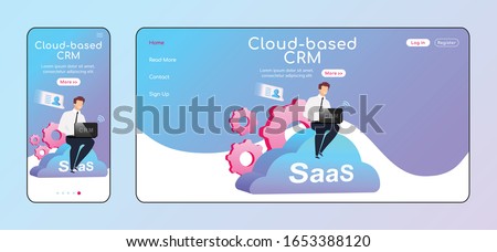 Cloud based CRM adaptive landing page flat color vector template. Businessman in shirt and necktie mobile and PC homepage layout. SaaS one page website UI. Modern tech webpage cross platform design