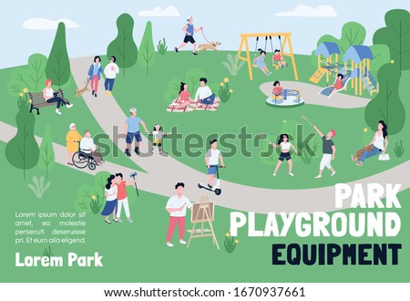 Park playground equipment banner flat vector template. Brochure, poster concept design with cartoon characters. Outdoor recreation, weekend picnic horizontal flyer, leaflet with place for text