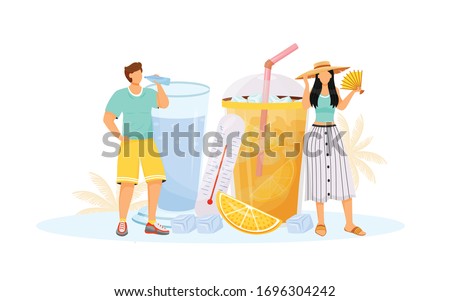 Summer flat concept vector illustration. Woman and man in hot weather 2D cartoon characters for web design. Male drink water. Female with fan. Lemonade to cool off. Heat wave refreshment creative idea