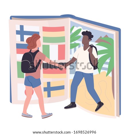 Student exchange program flat concept vector illustration. Caucasian girl and african american boy, university pupils 2D cartoon characters for web design. Education abroad experience creative idea