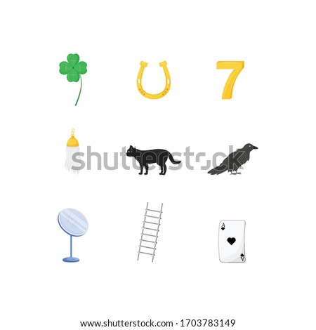 Superstitious symbols flat color vector objects set. Various good and bad luck signs 2D isolated cartoon illustrations on white background. Four leaf clover, lucky seven, black cat and rabbit foot Foto d'archivio © 