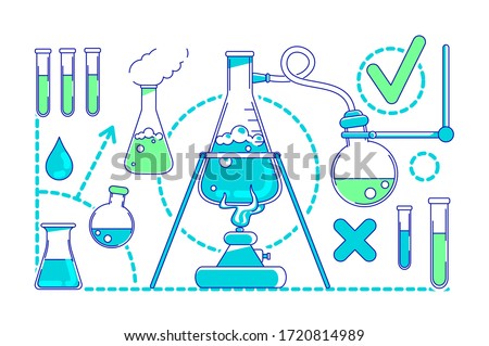 Scientific experiment thin line concept vector illustration. Laboratory equipment, flasks and beakers 2D cartoon composition for web design. Chemical research, biochemistry science creative idea