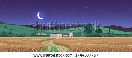 New moon above wheat fields flat color vector illustration. Autumn night in village 2D cartoon landscape with mountains on background. Clear starry sky over agricultural area