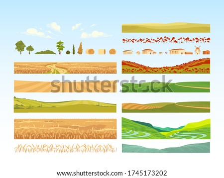 Agriculture cartoon vector objects set. Farmland constructor. Crop fields, wheat, poppies, trees and hills. Farming flat color illustrations collection. Village isolated pack on blue background